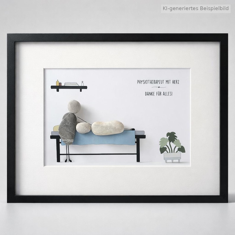 May include: A framed pebble art piece depicting a person performing physical therapy on a patient lying on a blue table. The artwork includes a shelf with bottles, a potted plant, and the text: PHYSIOTHERAPEUT MIT HERZ DANKE F&Uuml;R ALLES!
