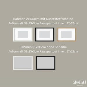 May include: An image showcasing framed art in various styles. The frames are white, black, and natural wood, with and without glass. Text on the image reads "Rahmen 21x30cm" and "Au&szlig;enma&szlig;: 32x23x3cm". The frames are designed to hold artwork that is 6.7 x 4.7 inches.
