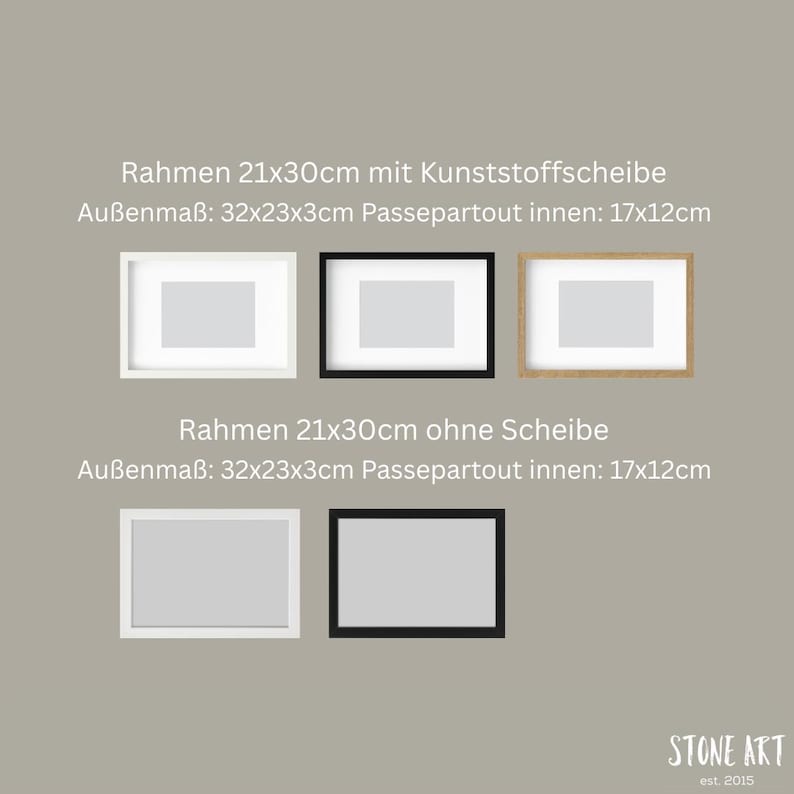 May include: An image showcasing framed art in various styles. The frames are white, black, and natural wood, with and without glass. Text on the image reads "Rahmen 21x30cm" and "Au&szlig;enma&szlig;: 32x23x3cm". The frames are designed to hold artwork that is 6.7 x 4.7 inches.