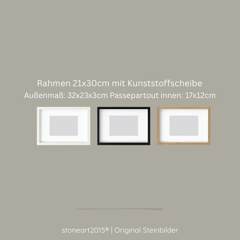 May include: Three rectangular picture frames in white, black, and light brown. The frames have a white matting around the inner image area. The text on the image reads: "Rahmen 21x30cm mit Kunststoffscheibe Au&szlig;enma&szlig;: 32x23x3cm Passepartout innen: 17x12cm".
