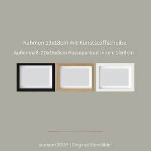 May include: Three rectangular picture frames in black, natural wood, and white. The frames are 20 cm x 15 cm x 3 cm with a 14 cm x 9 cm opening. The text on the image reads: "Rahmen 13x18cm mit Kunststoffscheibe, Au&szlig;enma&szlig;: 20x15x3cm Passepartout innen: 14x9cm."