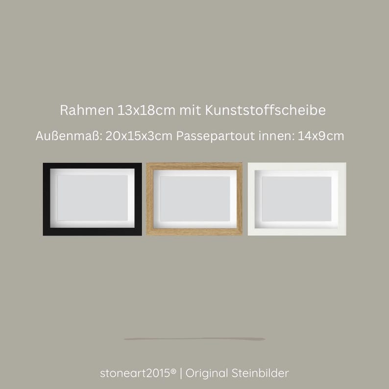 May include: Three rectangular picture frames in black, natural wood, and white. The frames are 20 cm x 15 cm x 3 cm with a 14 cm x 9 cm opening. The text on the image reads: "Rahmen 13x18cm mit Kunststoffscheibe, Au&szlig;enma&szlig;: 20x15x3cm Passepartout innen: 14x9cm."