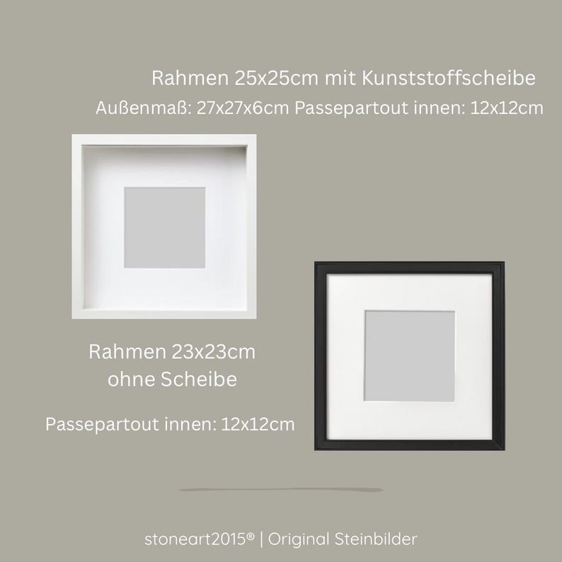 May include: Two square picture frames, one white and one black, with white matting. The white frame is 25x25cm with a plastic pane, the black frame is 23x23cm without a pane. Both have a 12x12cm mat opening. Text on the image.