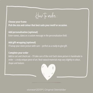 May include: A light gray background with white text that reads "How to order:" followed by instructions for ordering a stone picture. A white heart graphic is at the bottom. The text includes information about choosing a frame, personalization, and gift wrapping.