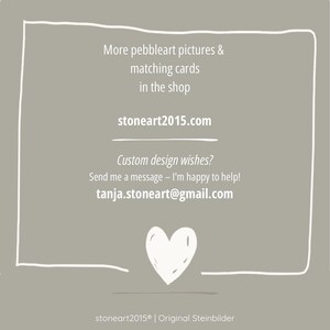 May include: A light gray background with white handwritten text and a white heart illustration. The text includes the website stoneart2015.com and an email address. The text promotes pebble art pictures and matching cards.