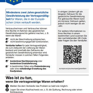 May include: A white and blue informational poster with text in German about legal warranty. The poster includes the European Union star logo, a QR code, and the word "GARAN".