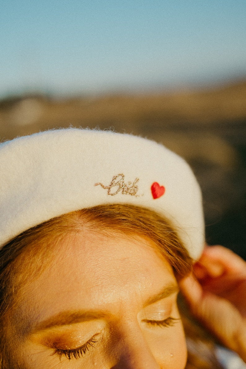 White wool bride embroidery French style minimalist and chic look bride, white wool bride hat embroidered with heart, bride accessory gift image 3