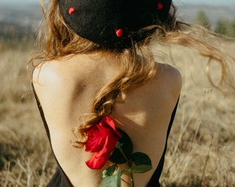 French Women wool dark beret, hand embroidered with little red hearts, one size, vintage style, women/Valentines day gift