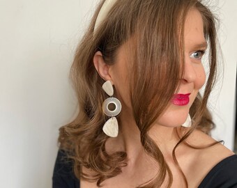 Boucles d’oreilles femme mariage en pâte fimo style bohème, thématique chic/ou à la plage, bouclés blanches tendance cadeau femme/mère