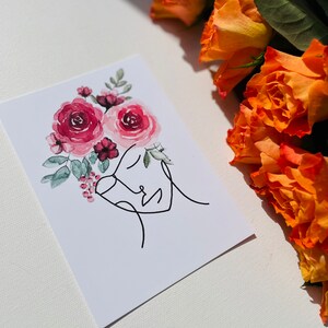 Confezione da 5 + 1 GRATIS illustrazioni/biglietto d'auguri con ritratto fiori donna, biglietto da regalare per la festa della mamma, compleanni
