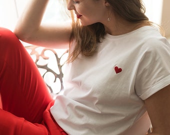 White women short sleeves cotton t-shirt embroidered hand with heart, oversized cut, Mother’s Day Valentines/anniversary  t-shirt women gift