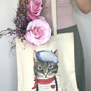 Sac tote bag femme en coton avec dessin chat parisienne imprimé, sac fourré -tout canvas pour amoureux des animaux / chats, sac shopping