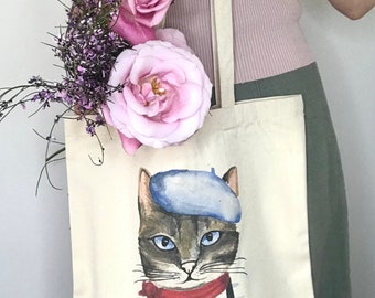 Women cotton totebag printed with French blue eyes cat, canvas women bag, animal / cat lovers shopping all day long bag, gift bag