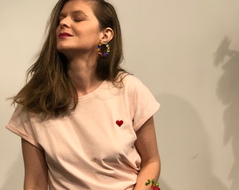 Powder pink women t-shirt embroidered by hand with a red heart, oversize cut, women /bride /anniversary Valentines day gift