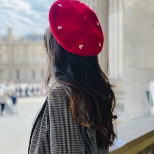 French Women wool beret in red color, hand embroidered with powder pink little hearts, one size, vintage style, Valentine’s Day gift