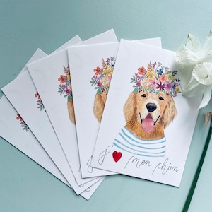 Set van 5 + 1 OFERT wenskaarten / illustraties met Golden Retriever hondenportret, hondenverjaardagskaarten, hondendecoratieposter