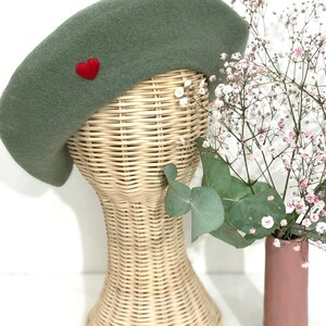 French women wool beret, embroidered with heart vintage romantic frenchie style beret, embroidered women beret, women Valentines day gift