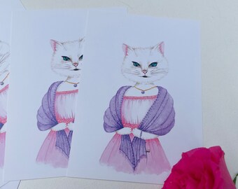 Paquet de 5 + 1 offert OFFERT illustrations / cartes de vœux avec chat portrait duchesse, illustration portrait chat anniversaires