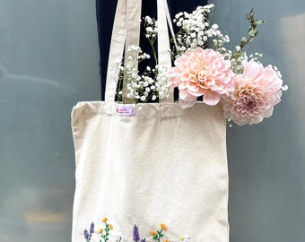 Sac femme Tote bag en coton biologique avec broderie fleurs réalisé à la main, cadeau marié, sac shopping en coton cadeau Saint Valentin