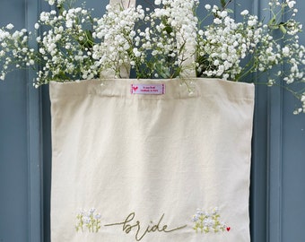 Sac tote bag femme en coton bio couleur nature avec broderie à la main bride, marié cadeau pour futur marié fête