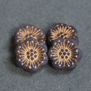 Bohemian Pressed Floral Beads, Opaque Dark Lilac Glass Beads, Authentic Czech Glass Bead, Gold Flower Detail, Jewelry Making, Craft Supplies