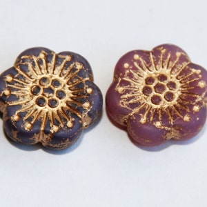Bohemian Pressed Floral Beads, Opaque Dark Lilac Glass Beads, Authentic Czech Glass Bead, Gold Flower Detail, Jewelry Making, Craft Supplies