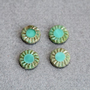 Opaque Czech Glass Sunflower Bead, Bohemian Picasso Table Cut Bronze Blue Teal Beads, Wheel Gear Flat Round, Jewelry, DIY Craft Supplies