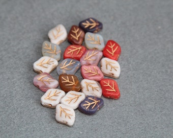 12x9mm Pressed Glass Authentic Czech Leaf Beads, Red, White, Pink Leaves, Opaque Nature Bead, Genuine Translucent Milky