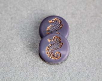 Pressed Czech Glass Matte Finish Tablet Bead, Coin Lavender Seahorse Beads, Purple Sea Horse Bohemian, Scrapbooking Supplies Jewelry Making