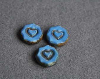 18mm Flat Heart Coin, Picasso Finish Czech Glass Bead, Window Beads, Table Cut Blue White Round, Jewelry Supplies, Scrapbooking,