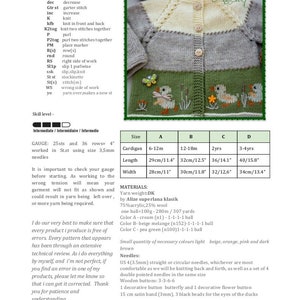May include: Knitting pattern for a cardigan with a duckling theme. The pattern includes instructions for sizes 6-12 months, 12-18 months, 2 years, and 3-4 years. The pattern is written in English and includes a gauge chart, materials list, and needle sizes. The pattern also includes a picture of the finished cardigan.