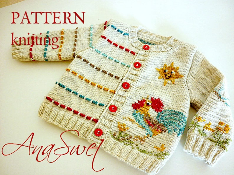 Knitting pattern.Baby cardigan with Colorful rooster.P011
