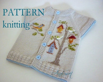 PDF Knitting pattern baby cardigan Bird houses P041  Size: 12-18 months