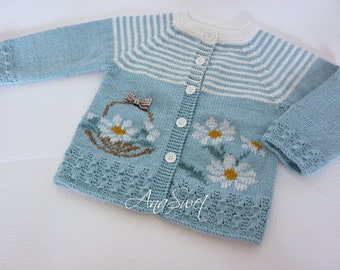 Hand knit baby cardigan Daisies.