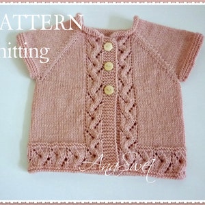 May include: A pink knitted baby cardigan with a cable knit pattern and button fastening. The cardigan has short sleeves and a round neckline. The text "PATTERN knitting" is visible in the top left corner of the image.
