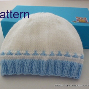 PDF Pattern for knitting a baby hat in white and blue