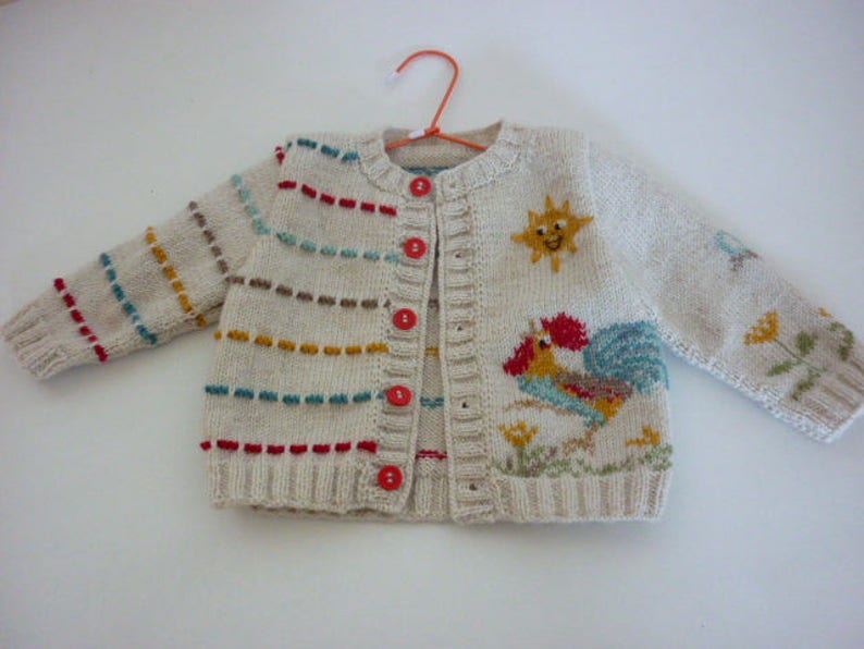 Knitting pattern.Baby cardigan with Colorful rooster.P011