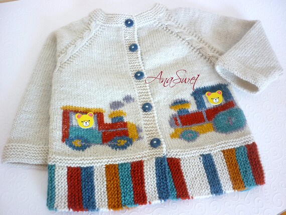 Hand Knit Baby Cardigan With Colorful Locomotives | Etsy