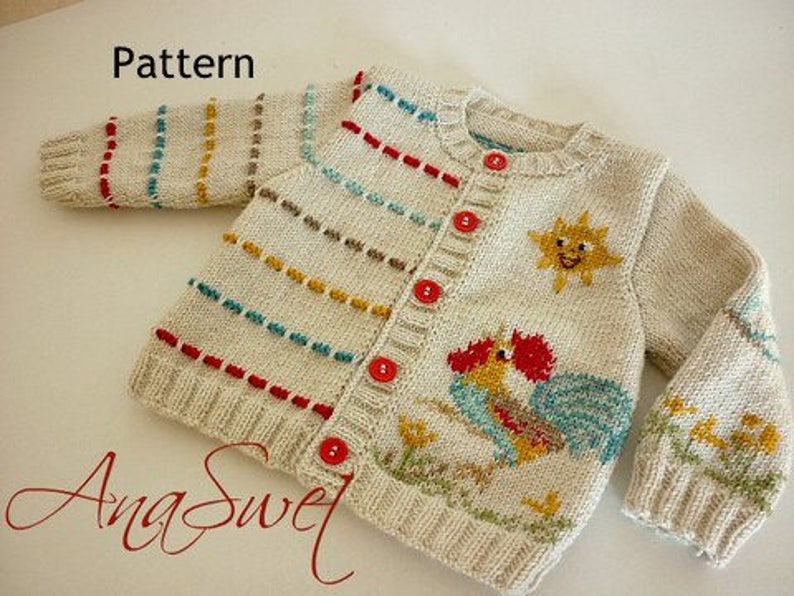 Knitting pattern.Baby cardigan with Colorful rooster.P011