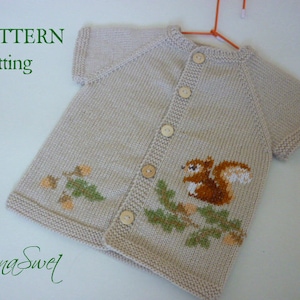 PDF Knitting pattern Baby vest with Squirrel P028  Sizes:  6-12months / 12-18months / 2years