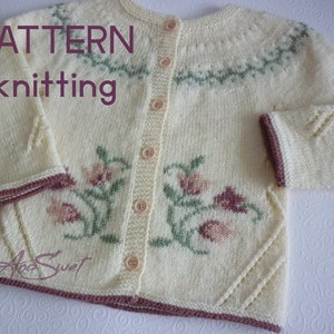 May include: A white knitted cardigan with a floral design and a brown trim. The cardigan has a button closure and a crew neck. The text "PATTERN knitting" is visible in the top left corner of the image.
