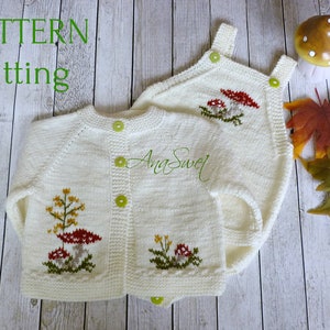 May include: Knitting pattern for a white baby cardigan and dungarees with mushroom and leaf embroidery. The pattern is called "knitting".