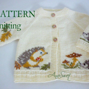 May include: Knitting pattern for a white baby cardigan with hedgehog and mushroom embroidery. The pattern is called "knitting".
