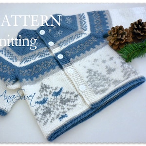 May include: A white, blue, and gray knitted baby cardigan with a button closure. The cardigan features a snowflake pattern and a tree design. The text "PATTERN knitting" is visible in the top left corner of the image.