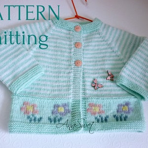 PDF Knitting pattern Striped cardigan with flowers P107  Sizes: 6-12 months/12-18months/2years/3-4 years