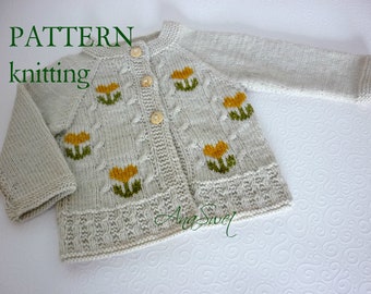PDF Knitting pattern Baby cardigan Tulips P073  Size: 6 - 12 months
