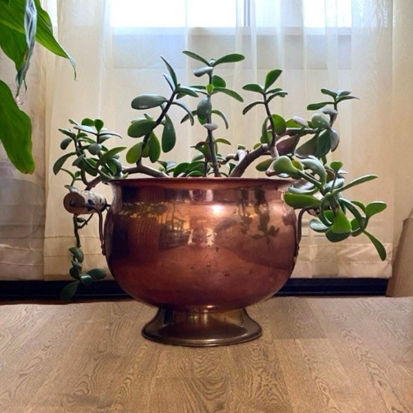 Vintage Large Copper Pot with Delft Double Handles - Copper Planter - Kitchen Farmhouse Decor - Rustic Decor -