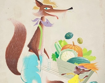 Original Illustration by Robert J Lee - Old Fox and Baby Fox Sneaking Vegetables - Mid Century Children's Illustration - Mixed Media Art