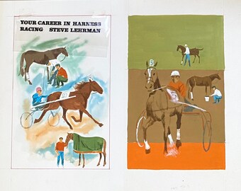 Harness Racing Art: Original 1970s Mixed Media Book Cover Art by Robert J. Lee - Racing Enthusiast  Horse Lover - Book Illustration Painting