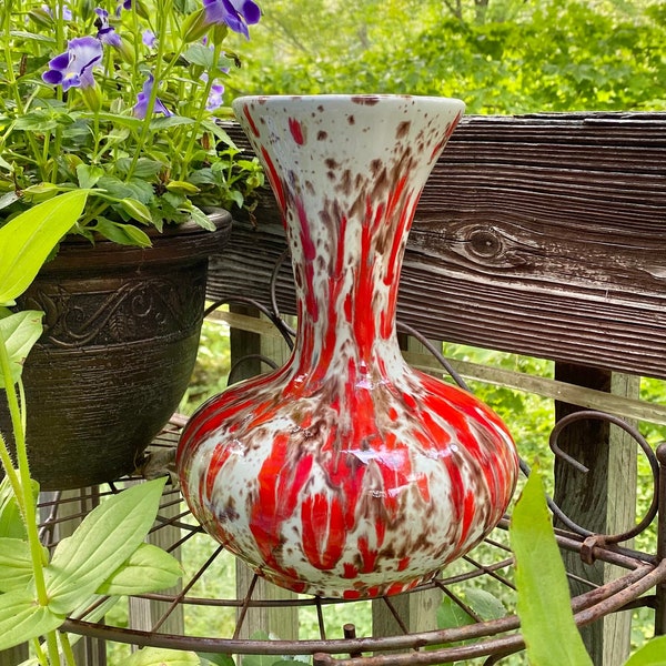 Vintage Drip Glaze 1970s Signed Vase - Speckled Splatter Glaze - Mid Century Ceramics - White, Red, Orange and Brown - Fat Lava Inspired